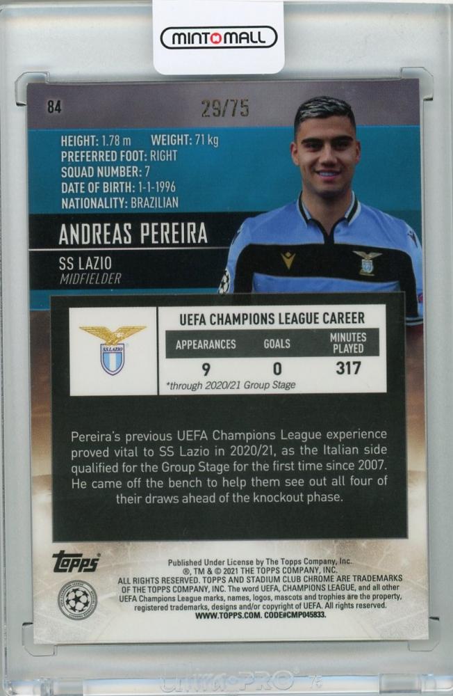 2020-21 Topps Stadium Club Chrome UEFA Champions League Andreas Pereira SS Lazio Base Green Yellow Electric card 29 of 75