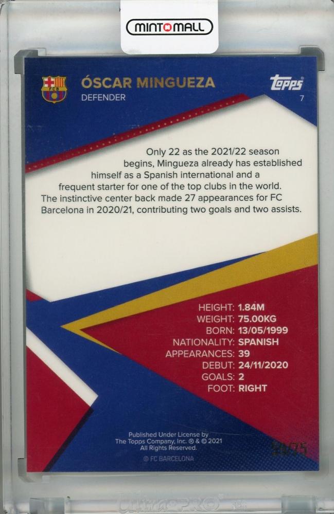 2021-22 Topps FC Barcelona Oscar Mingueza Neon Green base card serial numbered 59 of 75