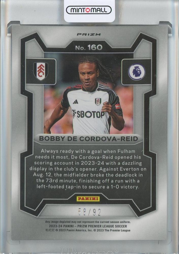 2023-24 Panini Prizm English Premier League Bobby De Cordova-Reid Prizms Purple and White Stripes #16058/92 Fulham