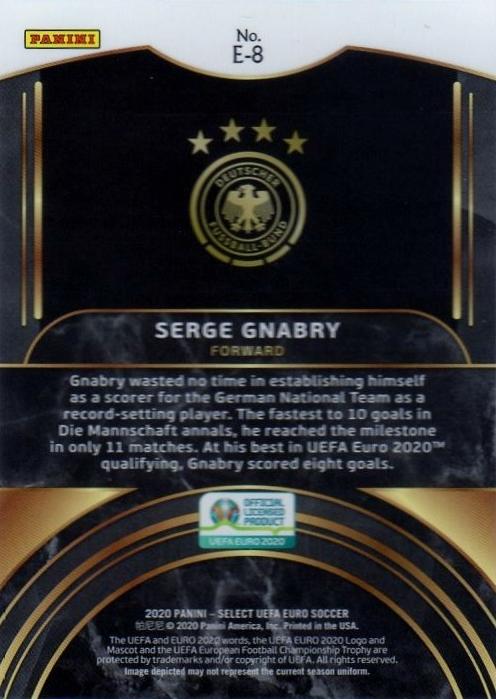 2020 Panini Select UEFA EURO Soccer card of Serge Gnabry serial No.E-8 featuring official branding