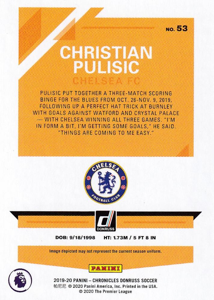 2019-20 Panini Chronicles Christian Pulisic Chelsea FC Gold Parallel trading card numbered 18 of 25