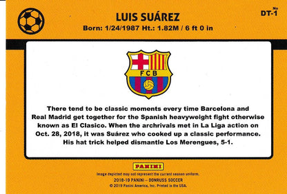 2018-19 Donruss FC Barcelona Luis Suarez 1989 Tribute Gold Parallel Version collectible card serial 15/75