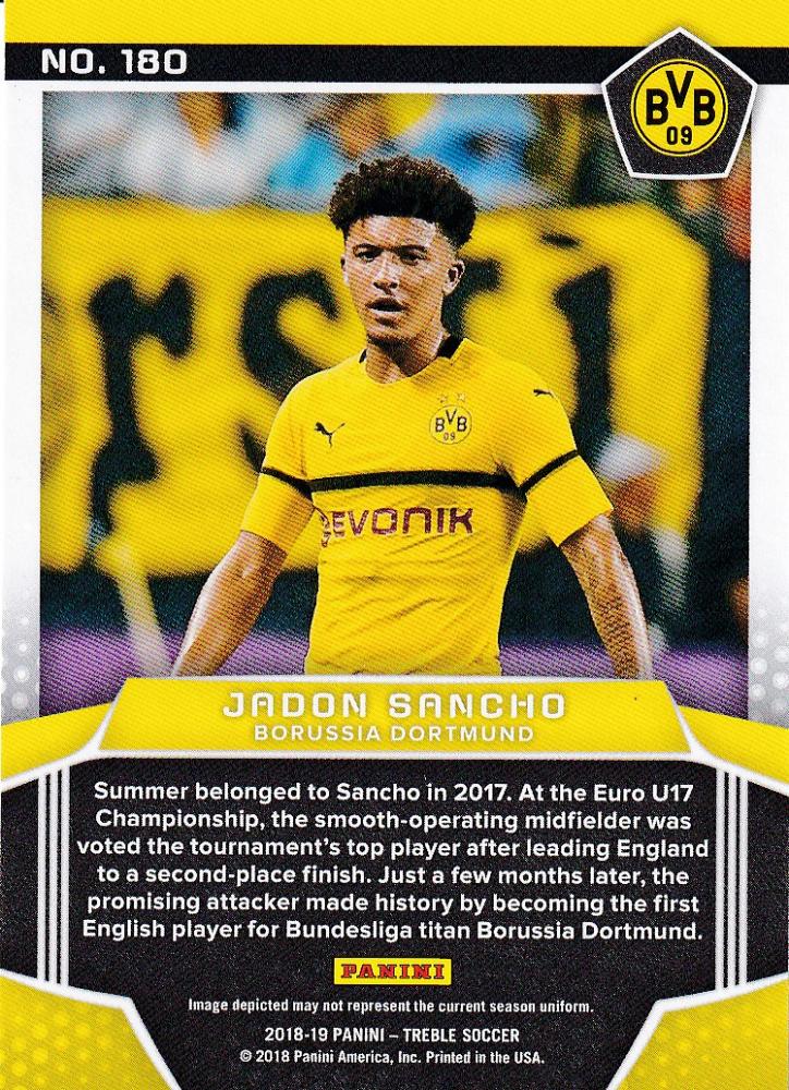 2018-19 Panini Treble Borussia Dortmund Jadon Sancho Base Panini Premiere trading card with minor back stain