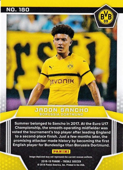 2018-19 Panini Treble Borussia Dortmund Jadon Sancho Base Panini Premiere trading card with minor back stain