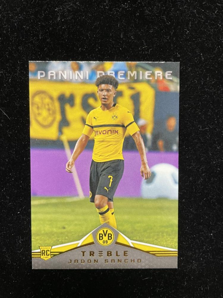 2018-19 Panini Treble Borussia Dortmund Jadon Sancho Base Panini Premiere trading card with minor back stain