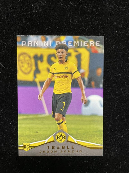 2018-19 Panini Treble Borussia Dortmund Jadon Sancho Base Panini Premiere trading card with minor back stain