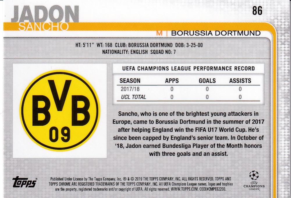 2018-19 Topps Chrome UEFA Champions League base trading card featuring Borussia Dortmund player Jadon Sancho