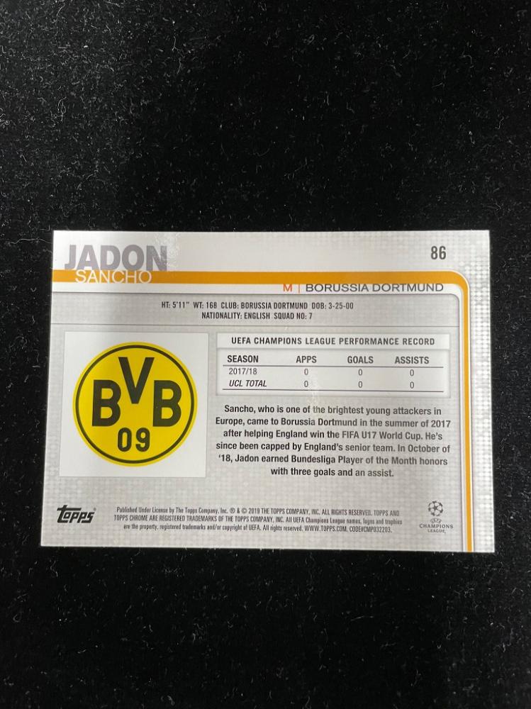 2018-19 Topps Chrome UEFA Champions League base trading card featuring Borussia Dortmund player Jadon Sancho