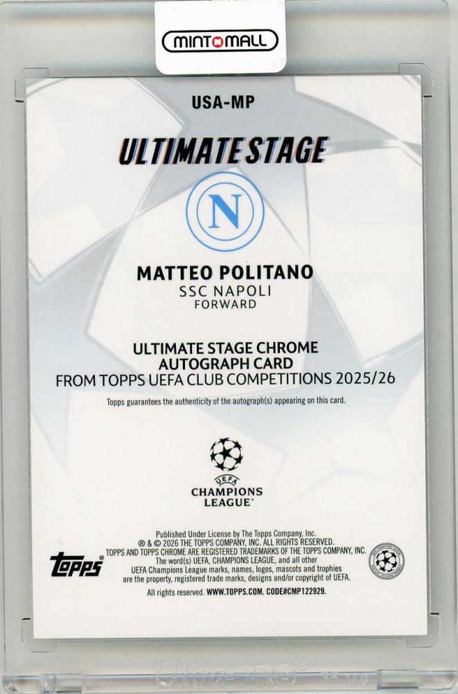 2025-26 Topps UEFA Club Competitions Matteo Politano Ultimate Stage Chrome AutographUSA-MP SSC Napoli