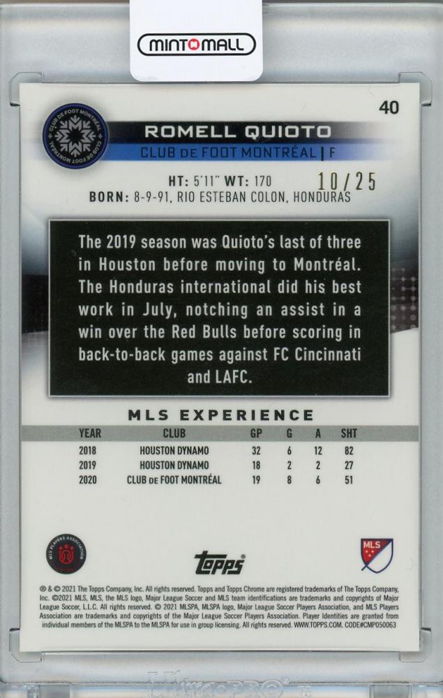 2021 Topps Chrome MLS Romell Quioto Montreal Orange Parallel trading card numbered 10 of 25