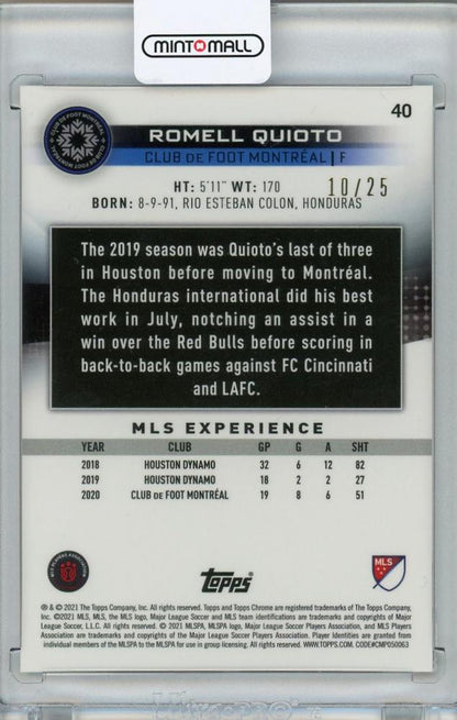 2021 Topps Chrome MLS Romell Quioto Montreal Orange Parallel trading card numbered 10 of 25