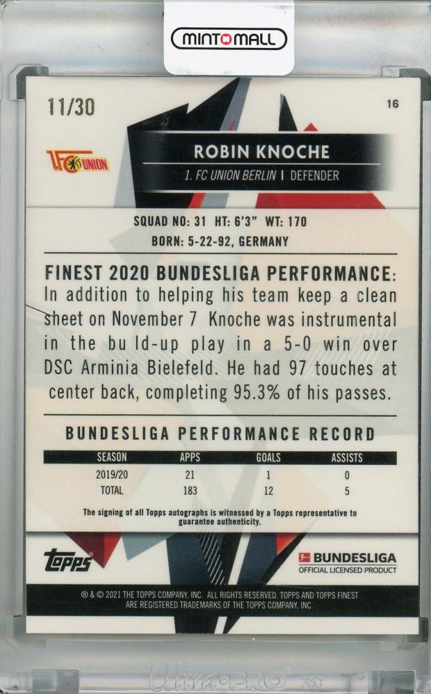 2020-21 Topps Finest Bundesliga Robin Knoche Union Berlin Green Wave parallel autographed card number 11 of 30