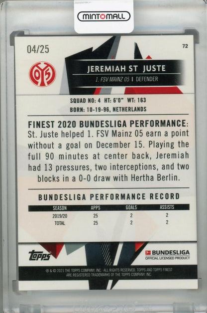 2020-21 Topps Finest Bundesliga Jeremiah St. Juste Orange Parallel Base Card numbered 04 out of 25