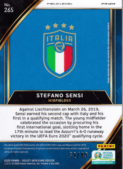 2020 Panini Select UEFA Euro Preview Italy Stefano Sensi card with base nameplate and color variation serial 32 of 49