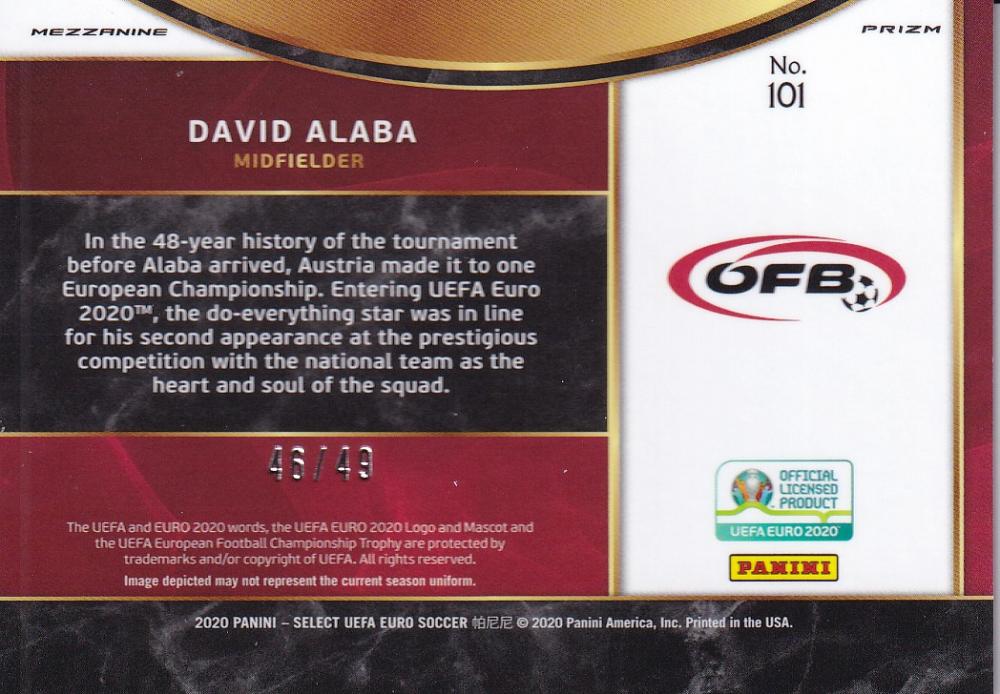 2020 Panini Select UEFA Euro Preview Austria David Alaba Base Nameplate Mezzanine Camo parallel card numbered 46 of 49