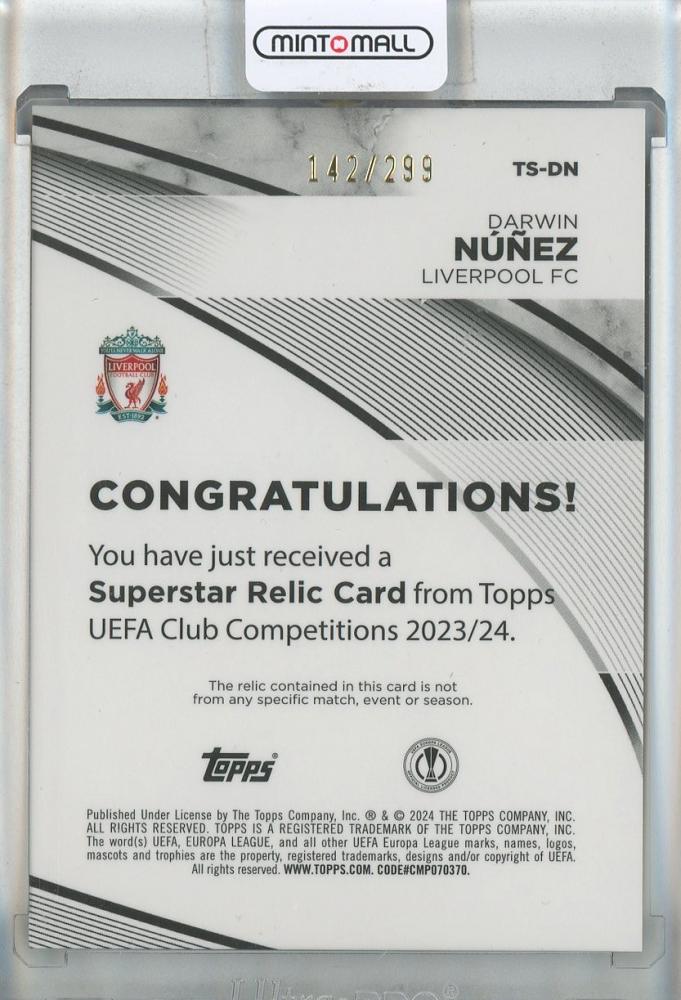 2023-24 Topps UEFA Club Competitions Darwin Nunez Superstar Relics Purple Foil #TSDN142/299 Liverpool FC