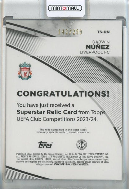 2023-24 Topps UEFA Club Competitions Darwin Nunez Superstar Relics Purple Foil #TSDN142/299 Liverpool FC