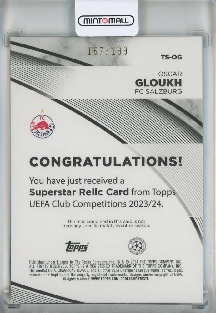 2023-24 Topps UEFA Club Competitions Oscar Gloukh Superstar Relics Neon Green Foil #TSOG RC167/199 FC Salzburg