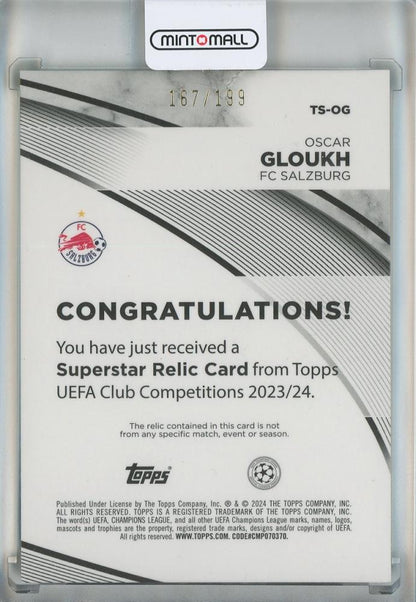 2023-24 Topps UEFA Club Competitions Oscar Gloukh Superstar Relics Neon Green Foil #TSOG RC167/199 FC Salzburg