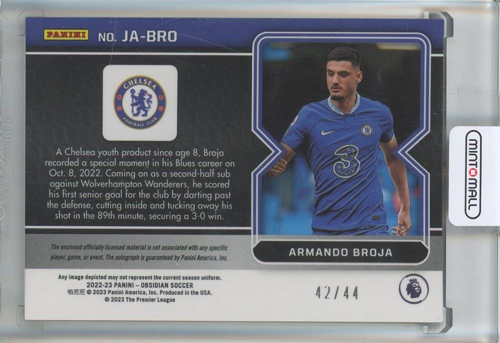 2022-23 Panini Obsidian Armando Broja Jersey Autographs Electric Etch Red Pulsar #3042/44 Chelsea FC