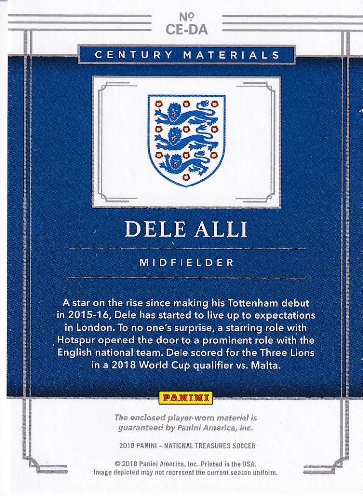 2018 Panini National Treasures England Dele Alli Century Materials Bronze patch trading card numbered 01 of 35