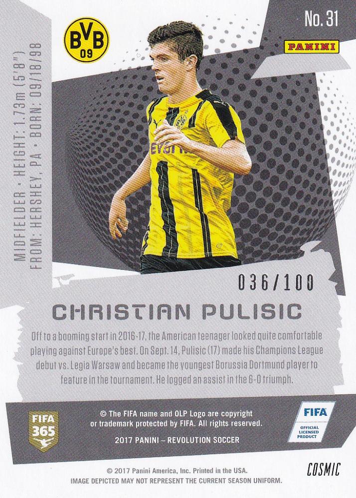 2017 Panini Revolution Borussia Dortmund Christian Pulisic Base Cosmic Parallel trading card number 036 of 100