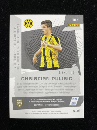 2017 Panini Revolution Borussia Dortmund Christian Pulisic Base Cosmic Parallel trading card number 036 of 100
