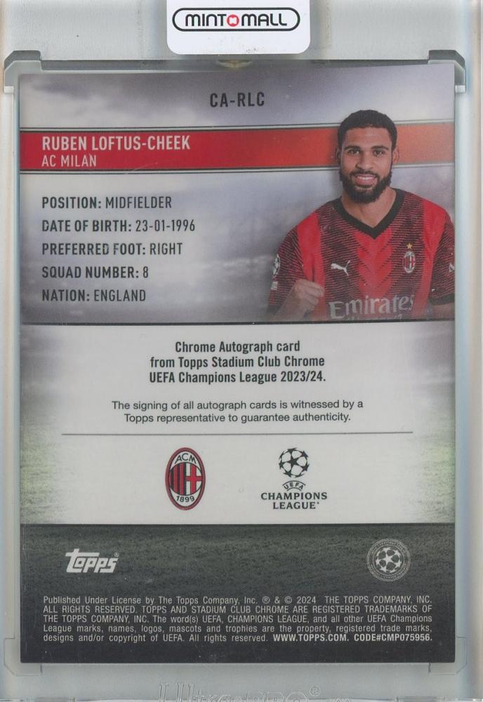 2023-24 Stadium Club Chrome UEFA Champions League Ruben Loftus-Cheek Chrome Autographs Gold Refractors #CARLC36/50 AC Milan