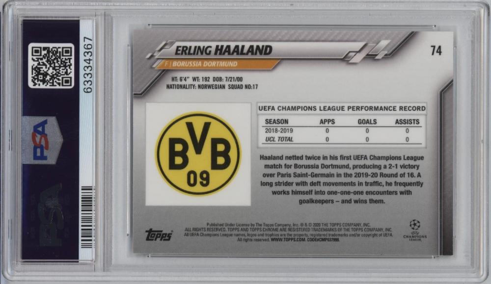 PSA9 graded 2019-20 TOPPS CHROME UEFA CHAMPIONS LEAGUE Base Card #74 of Erling Haaland