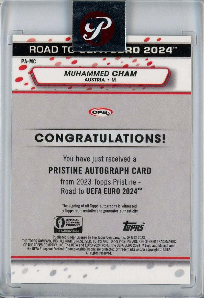 2023 Topps Pristine Road to UEFA Euro 2024 Muhammed Cham Pristine Autograph/National Debut Austria *minor stain on back