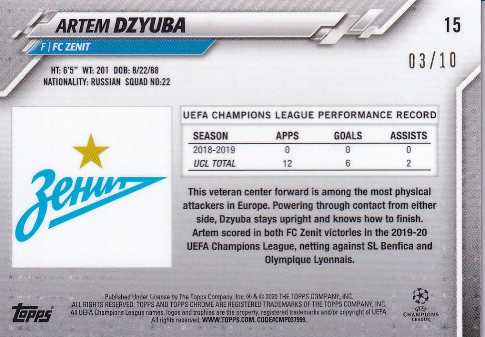2019-20 Topps Chrome UEFA Champions League Artem Dzyuba FC Zenit Base Red Wave Parallel card number 03 of 10