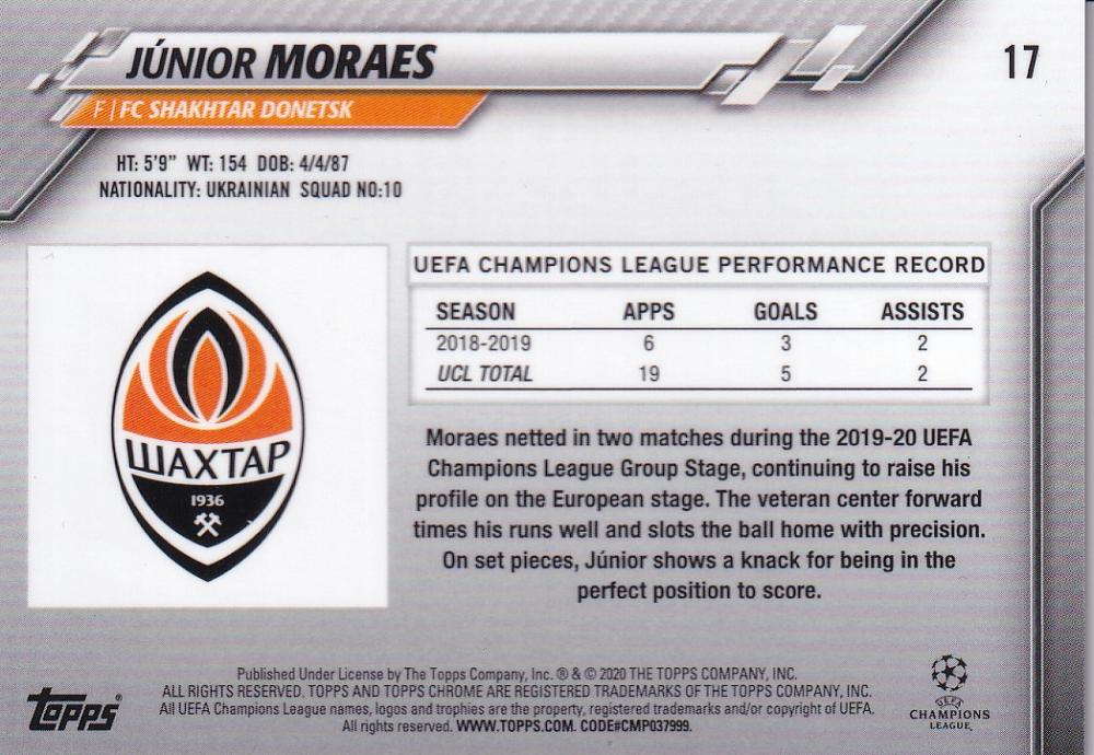 2019-20 Topps Chrome UEFA Champions League FC Shakhtar Donetsk Junior Moraes Gold Bubbles card