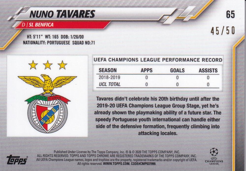 2019-20 Topps Chrome UEFA Champions League Nuno Tavares Base Gold Parallel card number 45 of 50 from SL Benfica