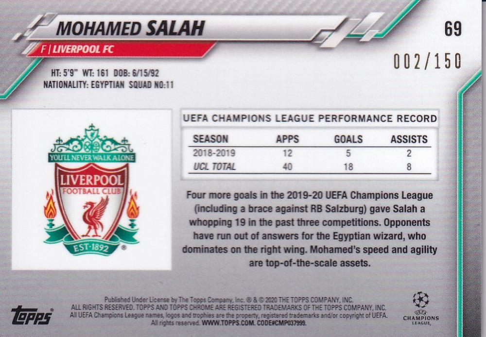 2019-20 Topps Chrome UEFA Champions League trading card of Mohamed Salah Liverpool FC Blue Parallel 002 of 150