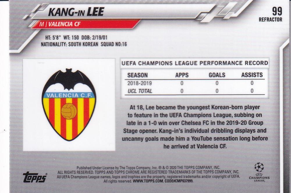 2019-20 Topps Chrome UEFA Champions League Kang-in Lee Valencia CF Base Refractor card