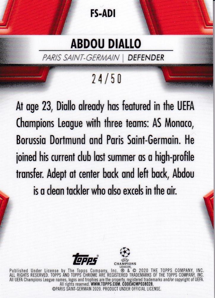 2019-20 Topps Chrome UEFA Champions League Abdou Diallo Paris Saint-Germain Future Stars Gold Parallel card numbered 24/50