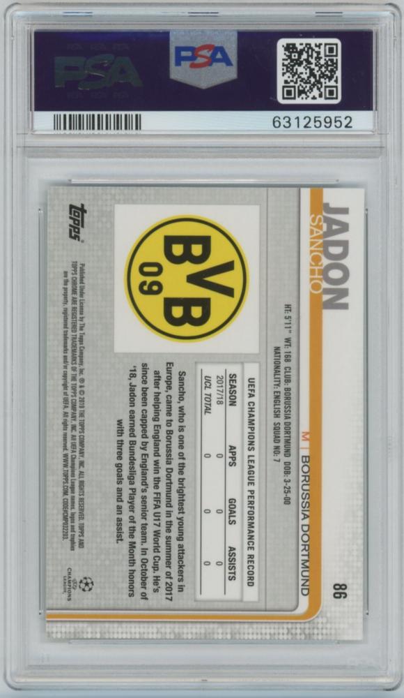 2018-19 TOPPS Chrome UEFA Champions League card #86 featuring Jadon Sancho of Borussia Dortmund graded PSA 10 Gem Mint