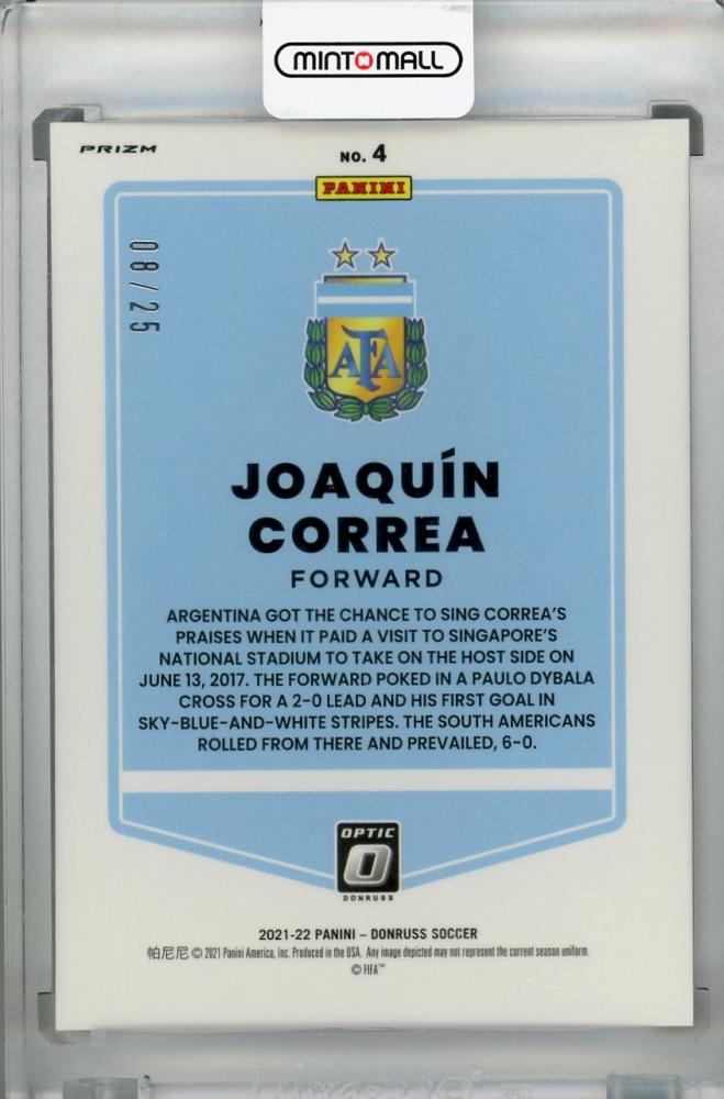 2021-22 Donruss Soccer Road to Qatar Pink Velocity parallel card featuring Argentina's Joaquin Correa numbered 08/25
