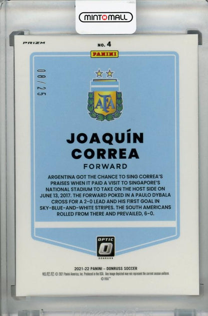 2021-22 Donruss Soccer Road to Qatar Pink Velocity parallel card featuring Argentina's Joaquin Correa numbered 08/25