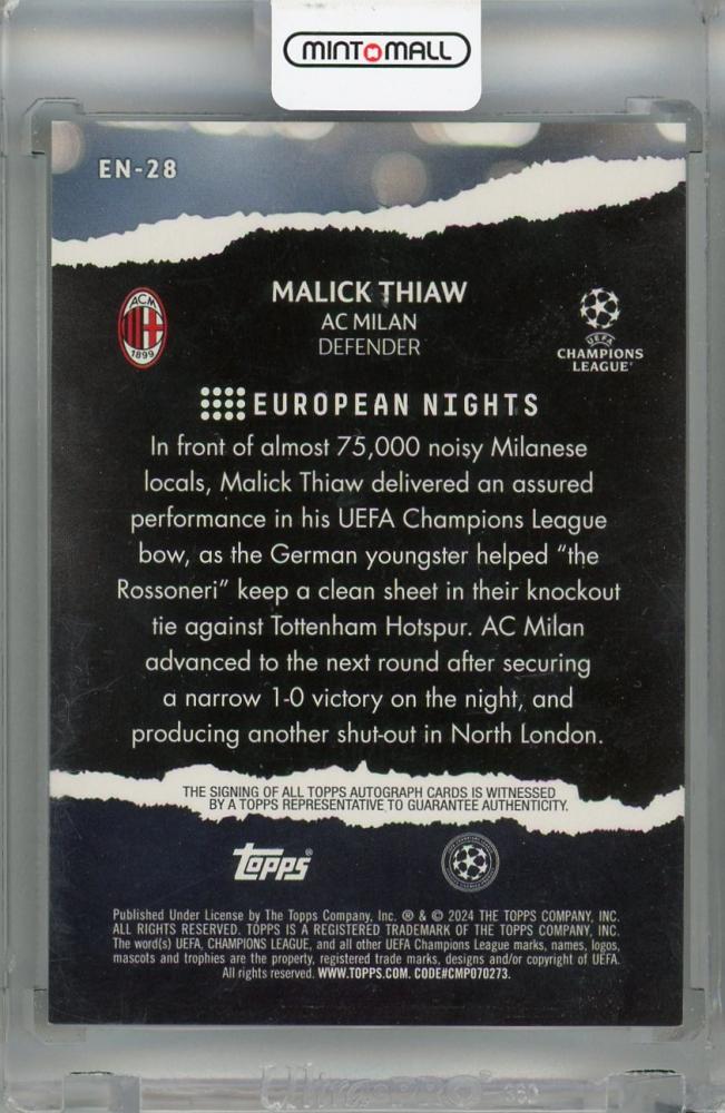 2023-24 Topps UEFA Club Competitions Malick Thiaw European Nights #EN-28 Auto *has scratches AC Milan