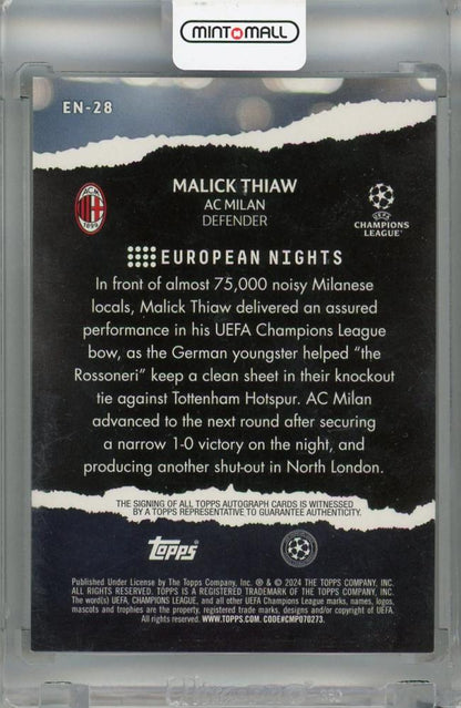 2023-24 Topps UEFA Club Competitions Malick Thiaw European Nights #EN-28 Auto *has scratches AC Milan