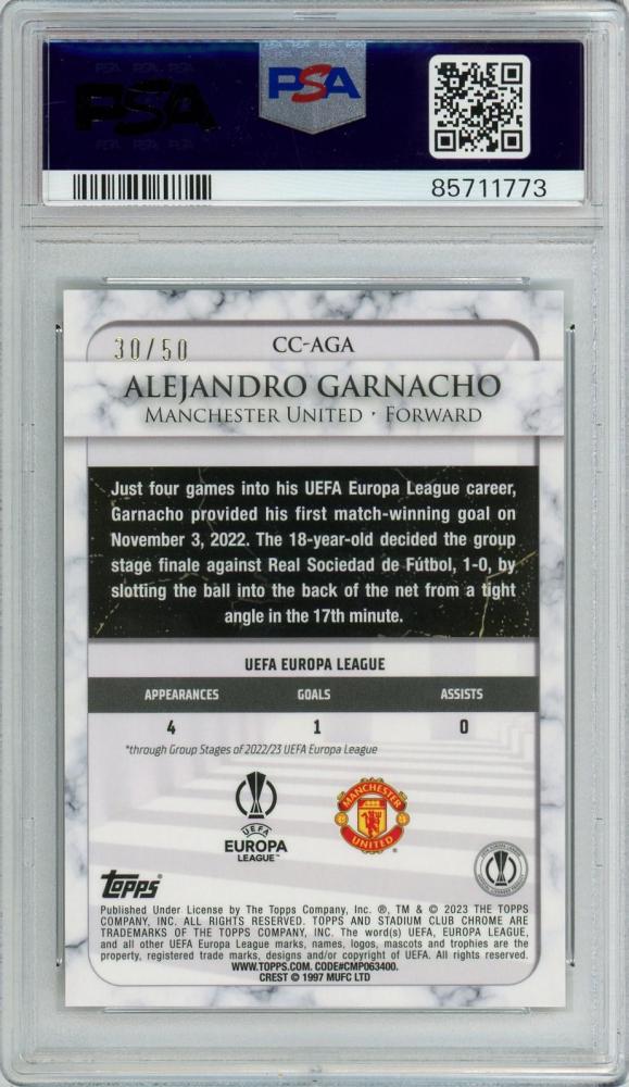 2022-23 Topps Stadium Club Chrome UEFA Alejandro Garnacho RC/Championship Contributions/Gold Refractors/#CC-AGA30/50PSA9 Mancheste