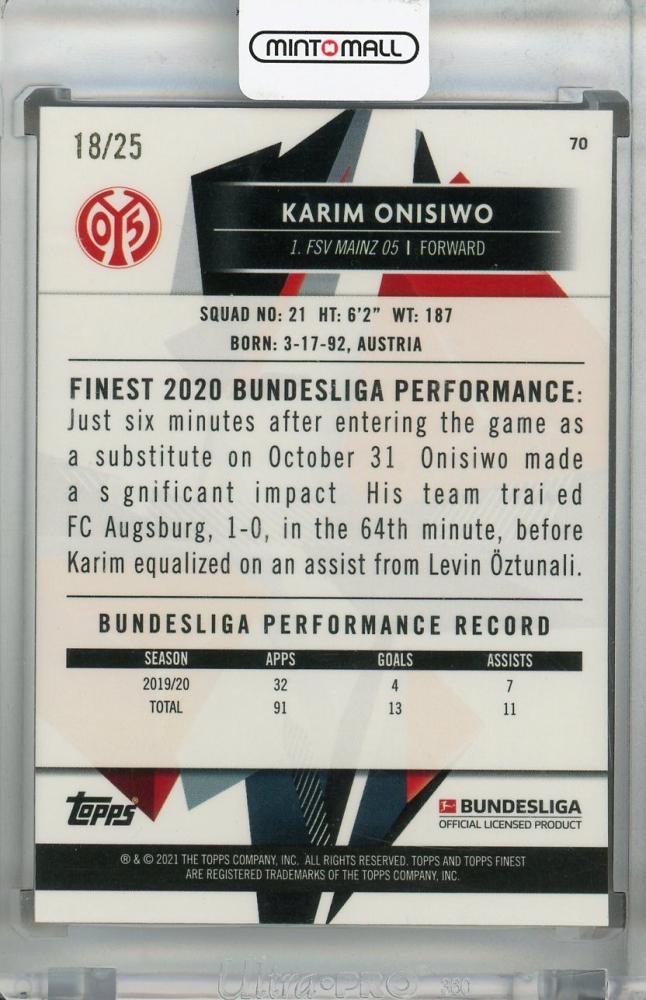 2020-21 Topps Finest Bundesliga Karim Onisiwo Base Orange Parallel trading card numbered 18 of 25