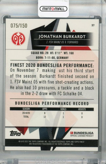 2020-21 Topps Finest Bundesliga Jonathan Burkardt Base Blue Wave parallel card serial numbered 075 out of 150
