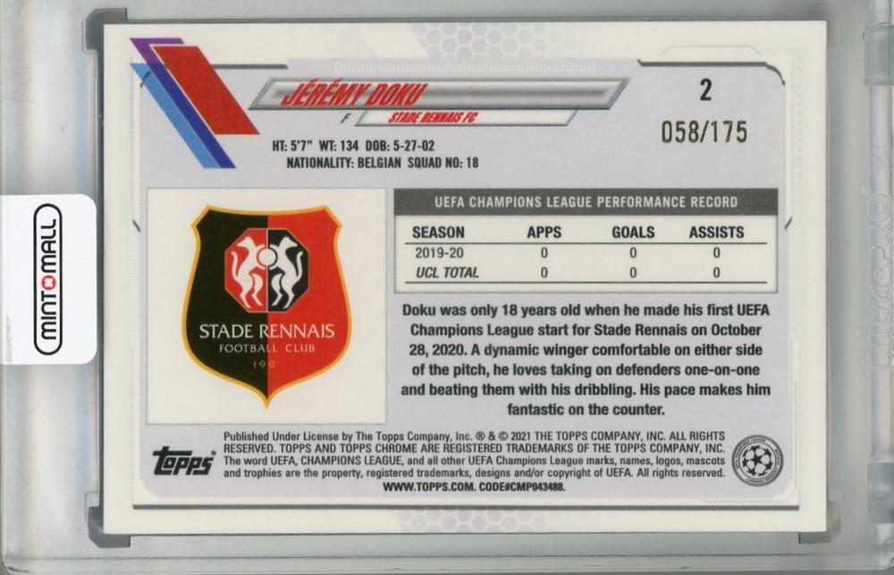 2020-21 Topps Chrome UEFA Champions League Jeremy Doku Stade Rennais FC Pink Parallel card number 058 of 175