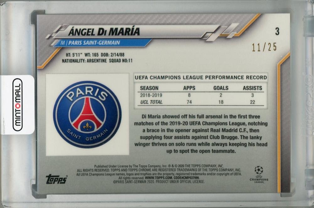 2020-21 Topps Chrome UEFA Champions League Angel Di Maria Paris Saint-Germain Orange base card serial 11 of 25