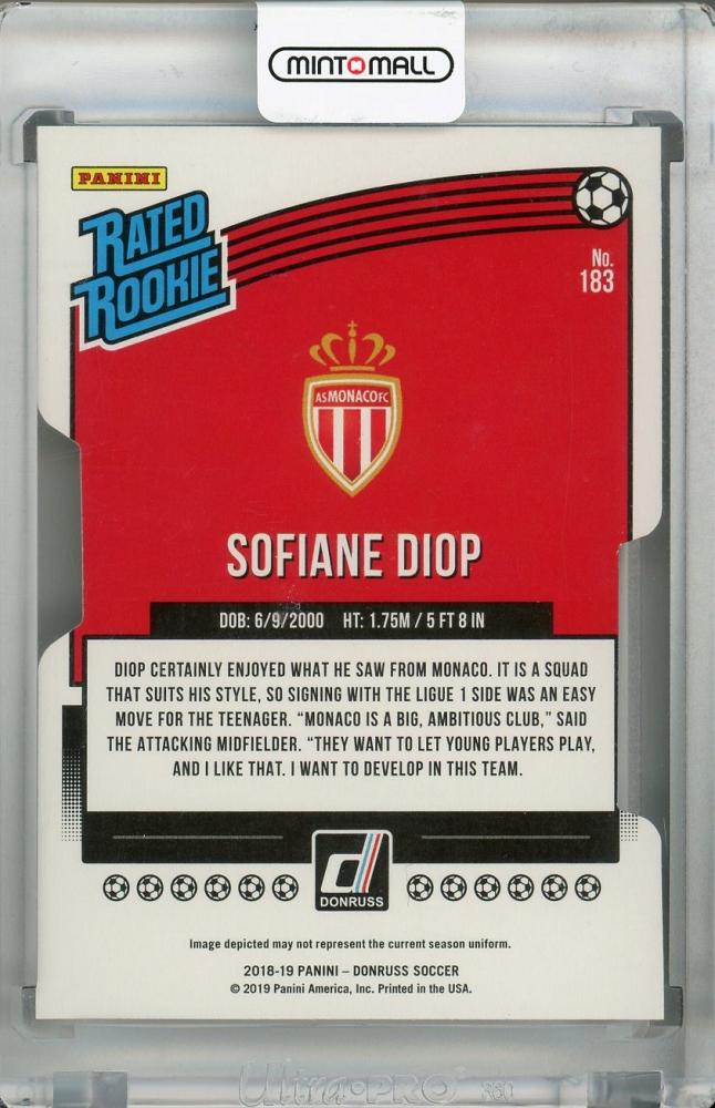 2018-19 Donruss Sofiane Diop AS Monaco Base Rated Rookie Gold Die-Cuts card numbered 06 out of 10