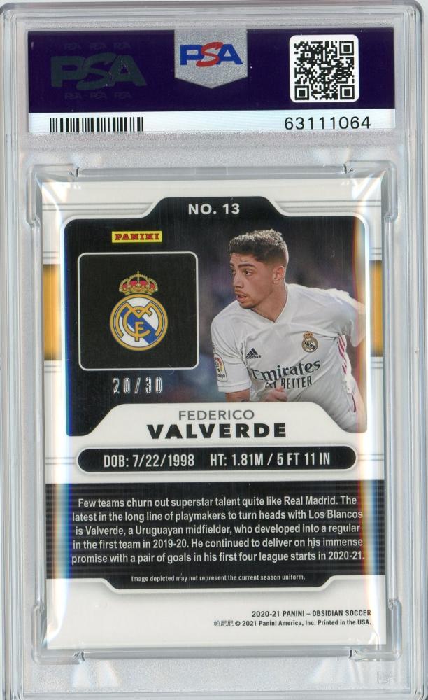 2020-21 Panini Obsidian Real Madrid Federico Valverde Base Blue PSA 8 RC Parallel card numbered 20 out of 30
