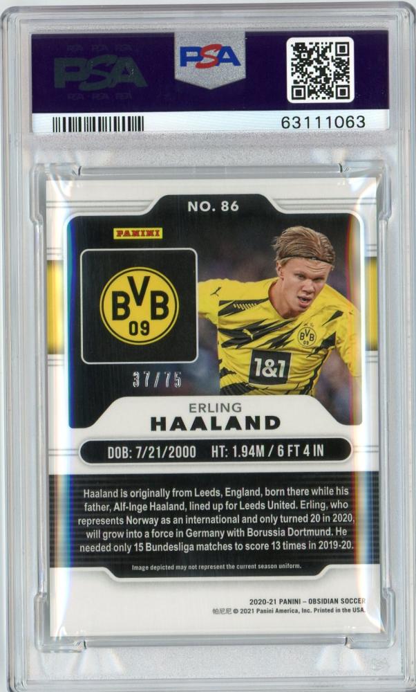 2020-21 Panini Obsidian Borussia Dortmund Erling Haaland Base Purple PSA 8 RC Parallel card 37 of 75