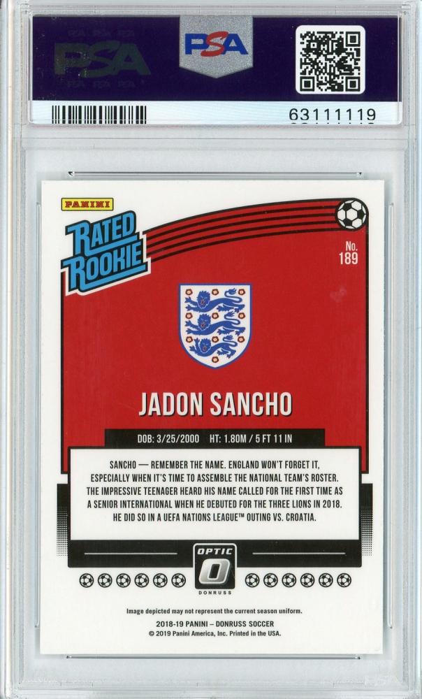 2018-19 Donruss England Jadon Sancho Base Rated Rookie Optic card graded PSA 9
